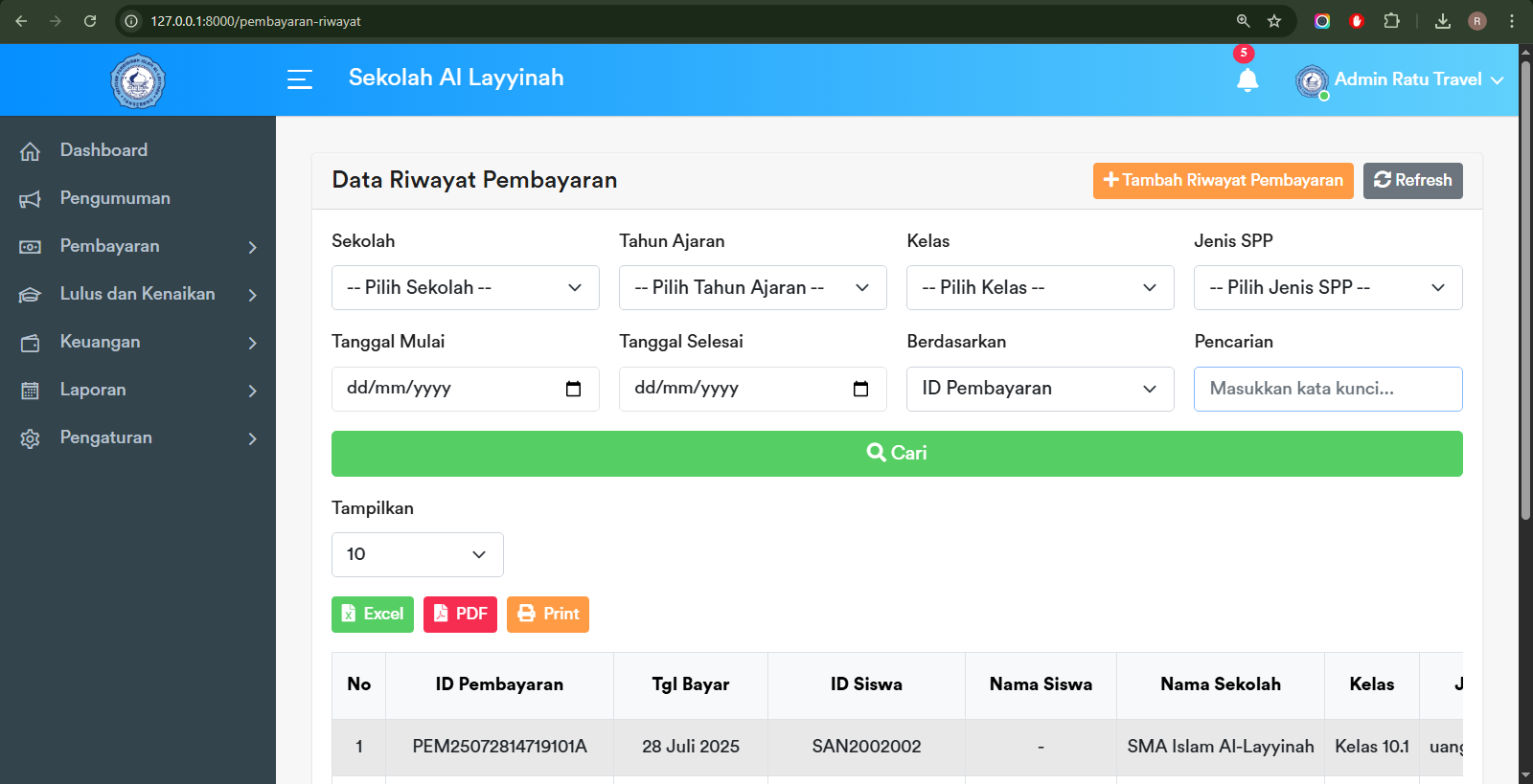 Halaman Riwayat Pembayaran